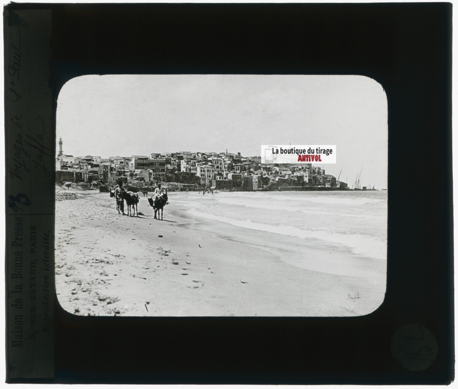 Plage de Jaffa, Israël, photo plaque verre, noir & blanc, positif 8,5x10 cm