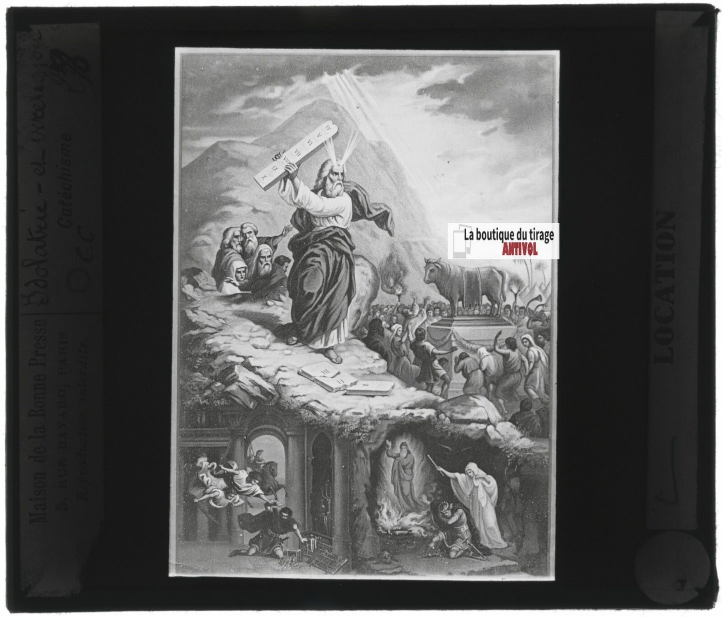 Scène religieuse, catéchisme, dessin peinture, plaque verre, positif 8,5x10 cm