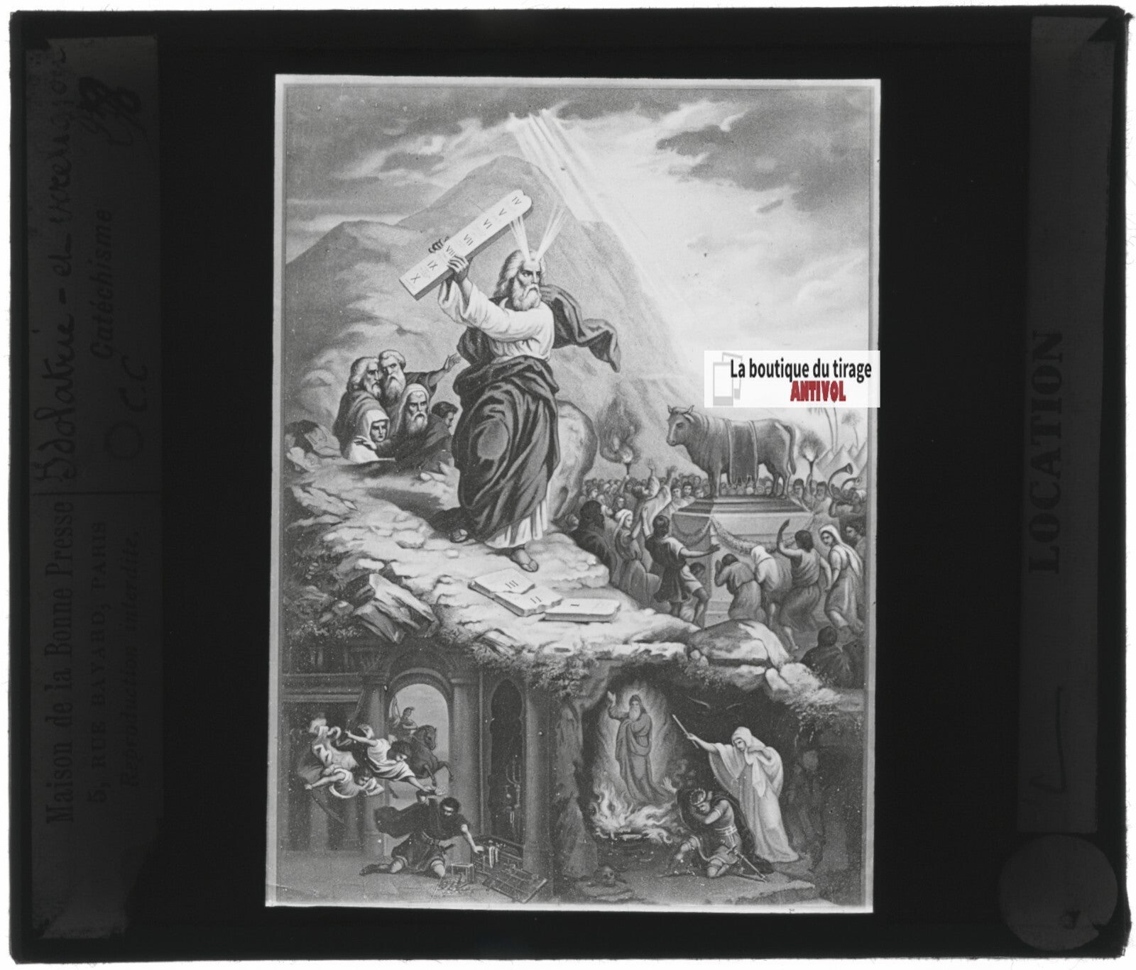 Scène religieuse, catéchisme, dessin peinture, plaque verre, positif 8,5x10 cm