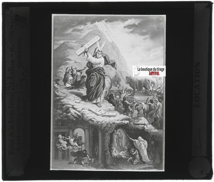 Scène religieuse, catéchisme, dessin peinture, plaque verre, positif 8,5x10 cm