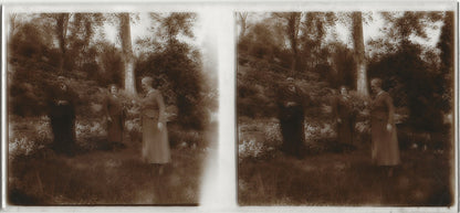 Personnages, Plaque verre photo ancienne stéréo, positif noir & blanc 6x13 cm
