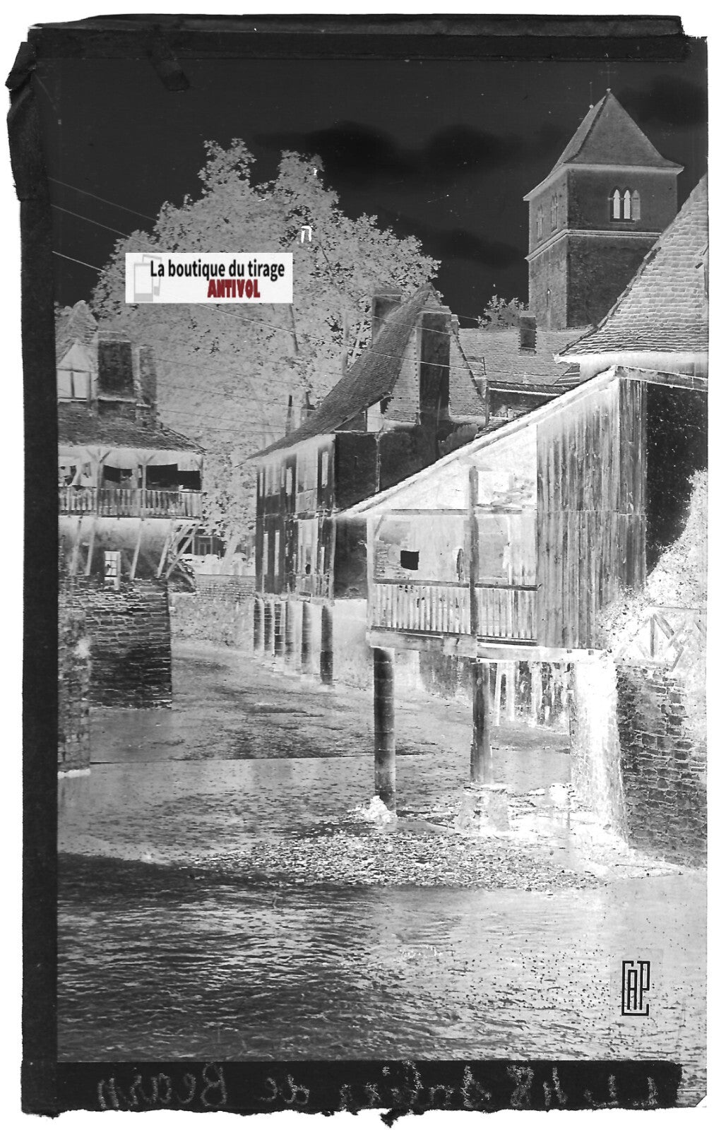 Plaque verre photo négatif noir & blanc 9x14 cm Salies-de-Béarn, maisons