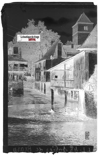 Plaque verre photo négatif noir & blanc 9x14 cm Salies-de-Béarn, maisons