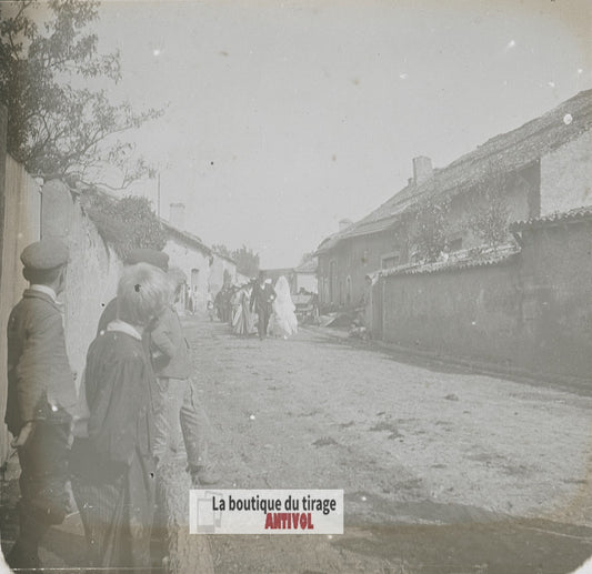 Cortège de mariage, Vosges, plaque verre stéréo, photo ancienne 4,5x10,7 cm