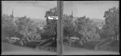 Campagne, église, Plaque verre photo, stéréo négatif noir & blanc 6x13 cm