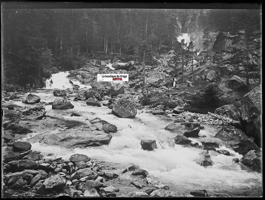 Pyrénées, cascade, Lourdes, Plaque verre photo, négatif noir & blanc 9x12 cm