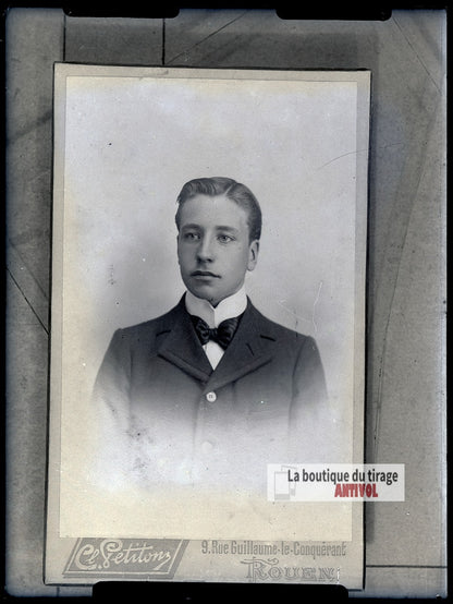 Portrait d'un jeune homme, costume, plaque verre photo ancienne, négatif 9x12 cm