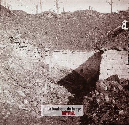 Fort de Vaux, petit dépôt, guerre WW1, plaque verre stéréo, photo 4,5x10,7 cm
