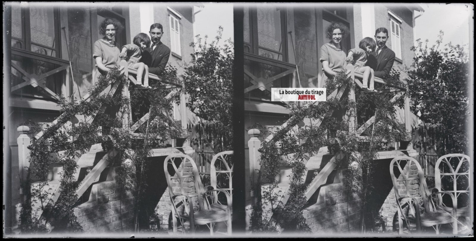 Villa, maison, famille, stéréoscopie, photo plaque verre, négatif 9x18 cm