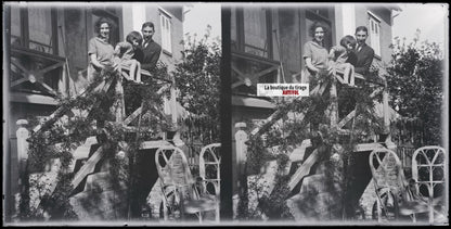 Villa, maison, famille, stéréoscopie, photo plaque verre, négatif 9x18 cm