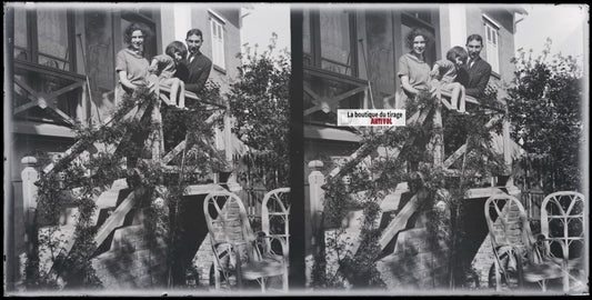 Villa, maison, famille, stéréoscopie, photo plaque verre, négatif 9x18 cm