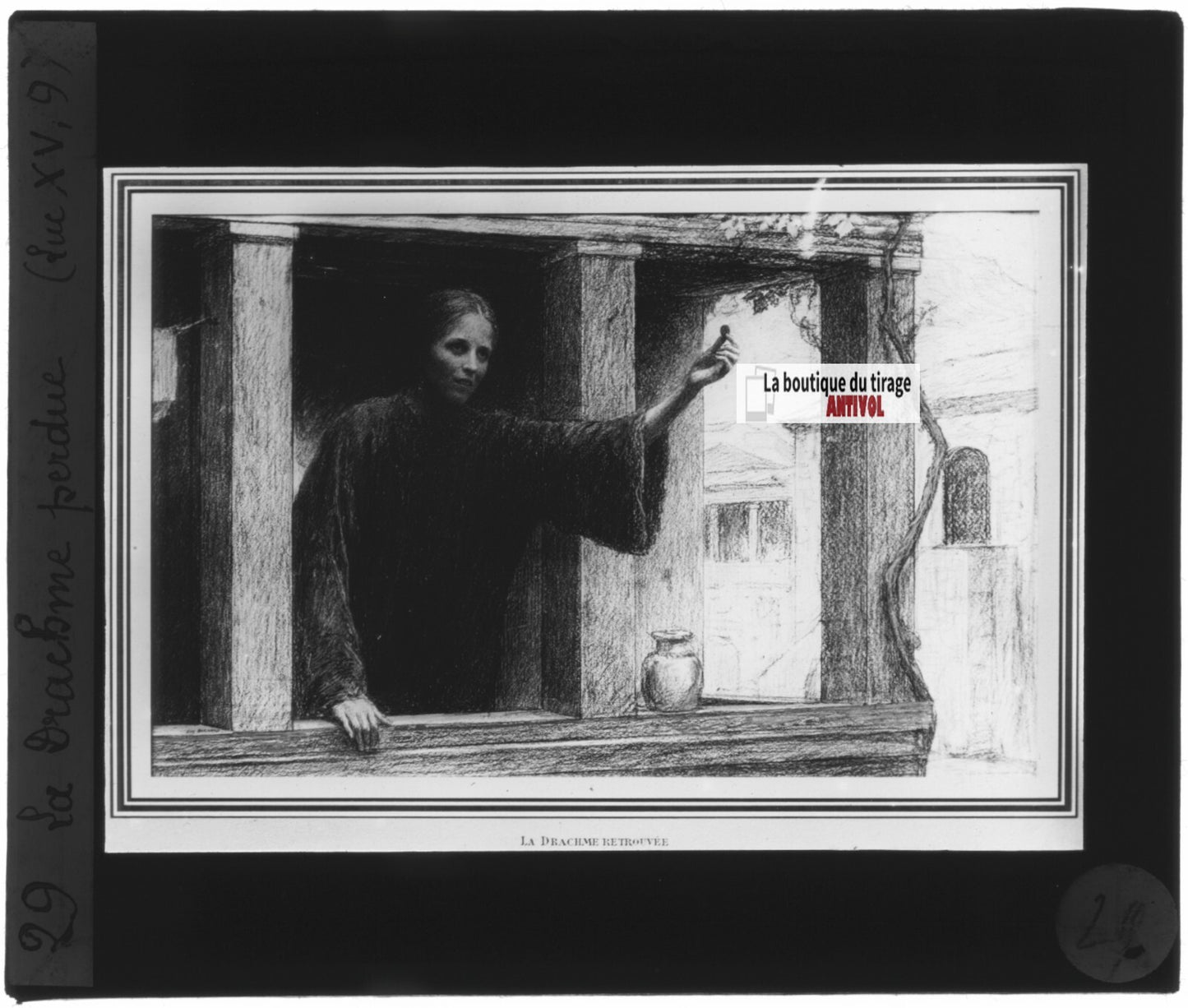 Luc, scène religieuse, dessin peinture plaque de verre, positif 8,5x10 cm