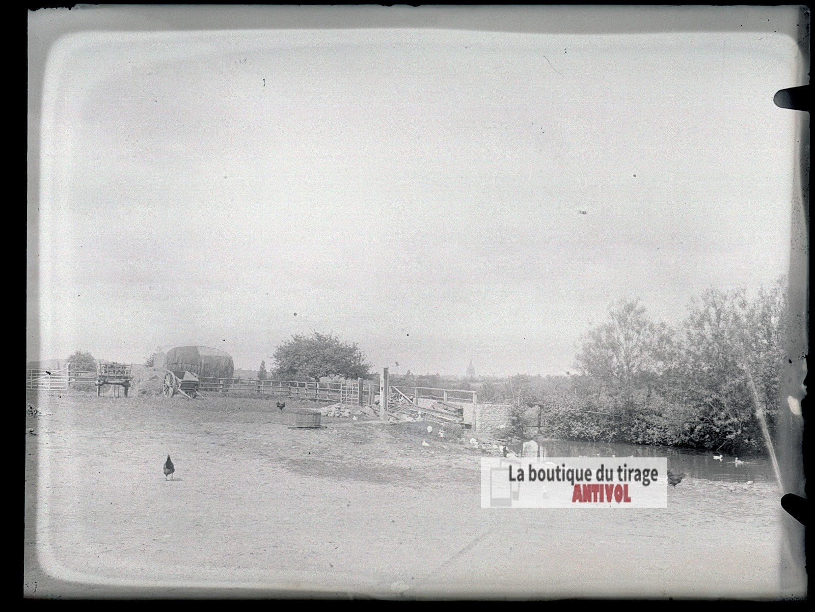 Ferme au bord d’un cours d’eau, plaque verre photo ancienne, négatif 9x12 cm