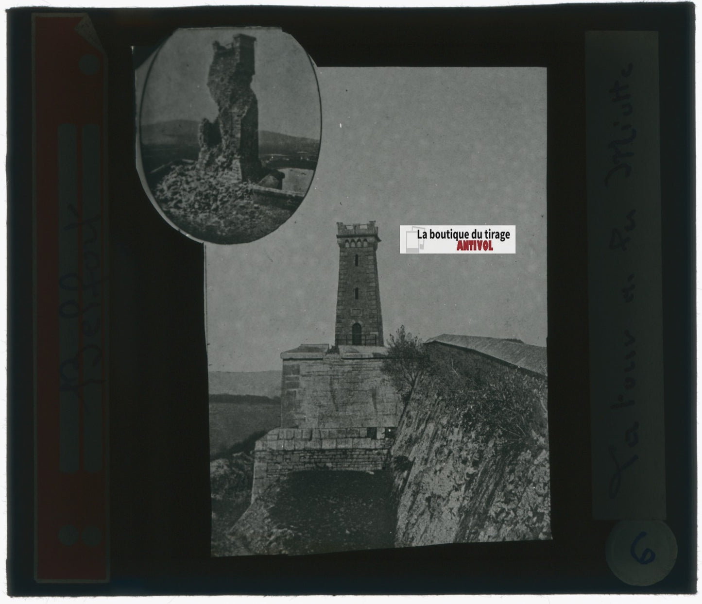 La tour Miotte Belfort, photo plaque verre, noir & blanc, positif 8,5x10 cm