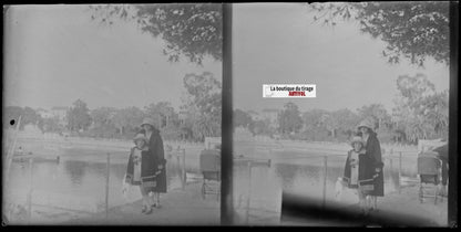 Mère, fille, famille, stéréoscopie plaque ancienne verre, négatif 9x18 cm