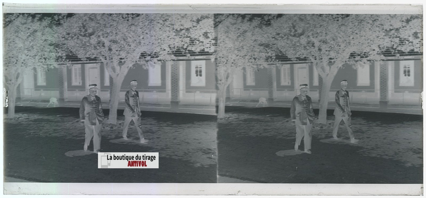 Algérie, Officiers militaires, plaque verre, photo stéréo, négatif N&B 6x13 cm