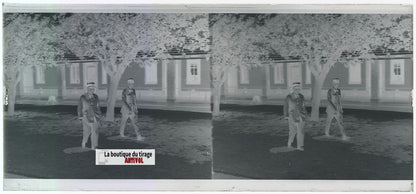 Algérie, Officiers militaires, plaque verre, photo stéréo, négatif N&B 6x13 cm