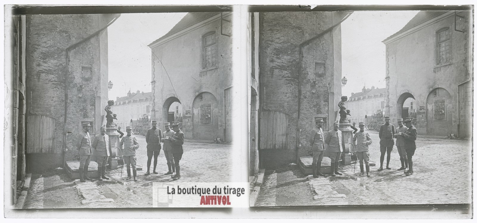 Groupe d'officiers français, WW1, plaque verre photo ancienne stéréo 6x13 cm