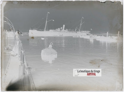 Paquebot dans le port d’Alger, plaque verre photo ancienne, négatif 9x12 cm