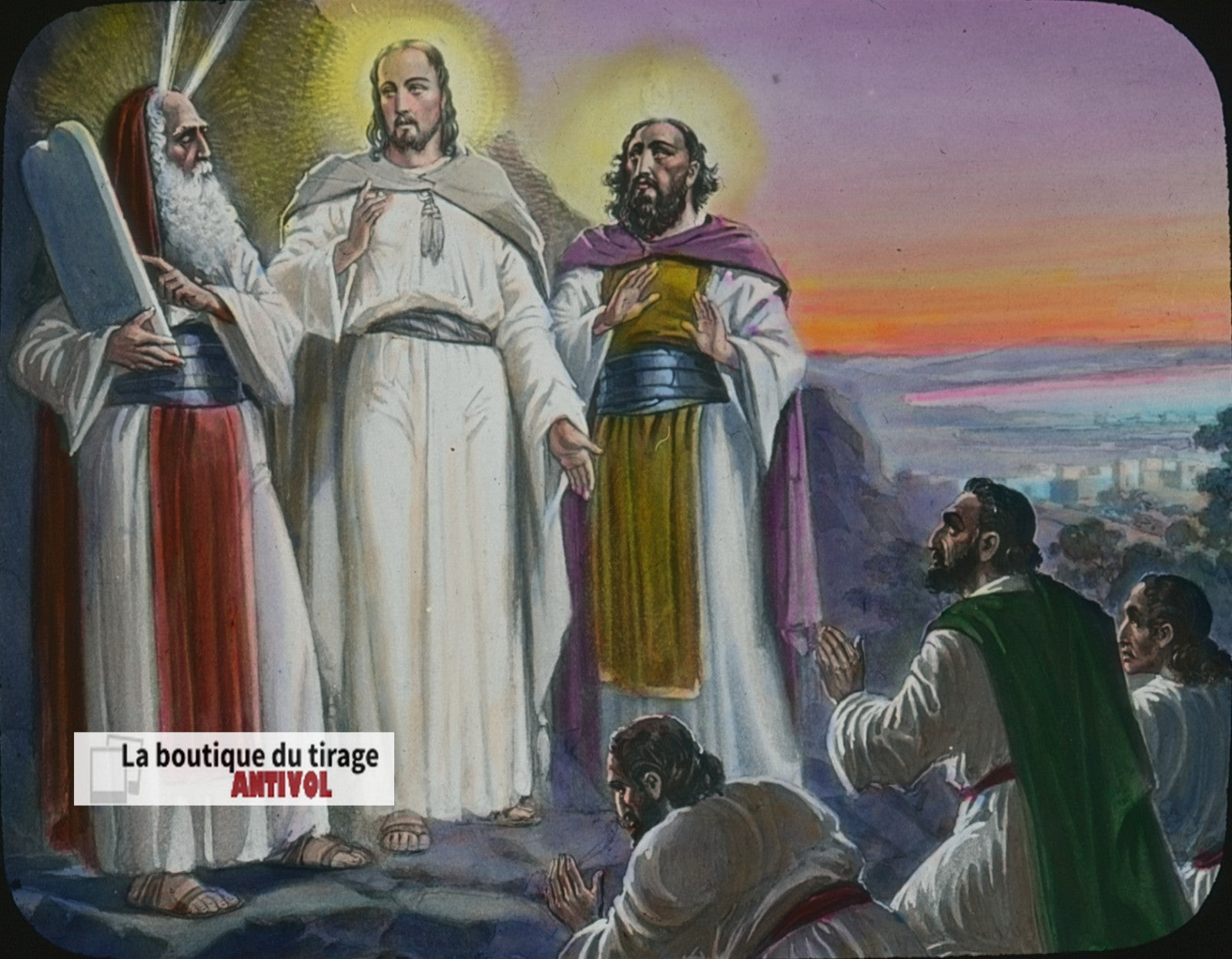 Transfiguration du Christ, dessin, plaque verre ancienne, couleur 8,5x10 cm