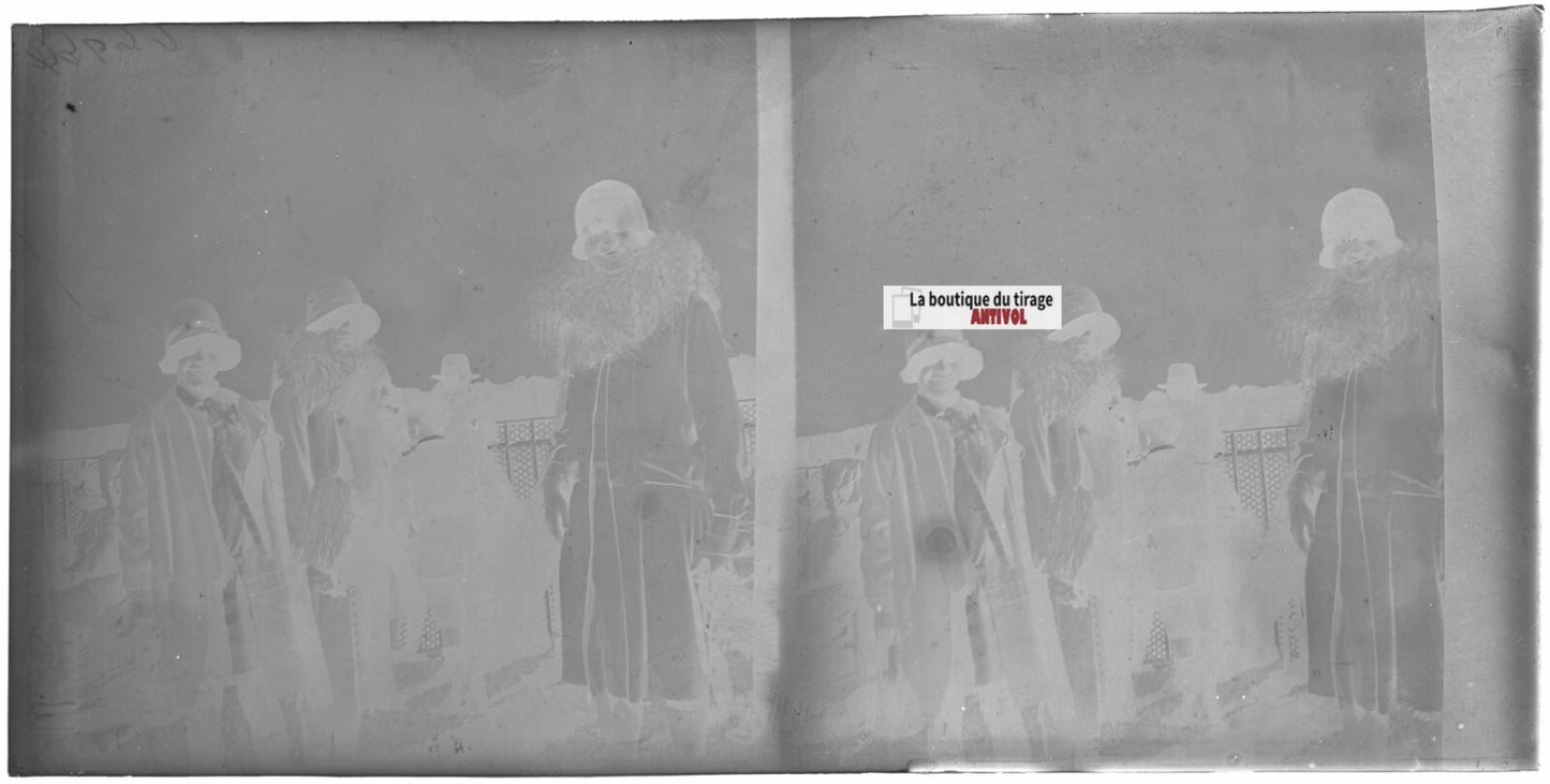 Famille, personnages, stéréoscopie plaque ancienne verre, négatif 9x18 cm