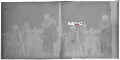 Famille, personnages, stéréoscopie plaque ancienne verre, négatif 9x18 cm