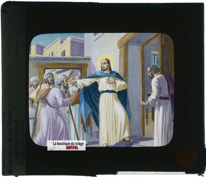 Nouveau testament, illustration, plaque verre ancienne, couleur 8,5x10 cm