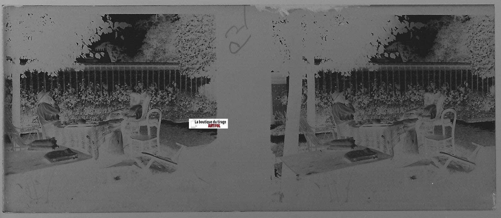 Thé, café, maison, Plaque verre photo stéréo, négatif noir & blanc 4,5x10,7 cm