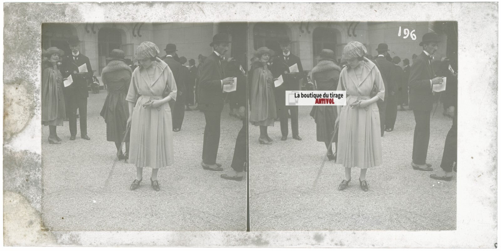 Personnages, Longchamp, Paris, plaque verre stéréoscopique, positif 8,5x17 cm