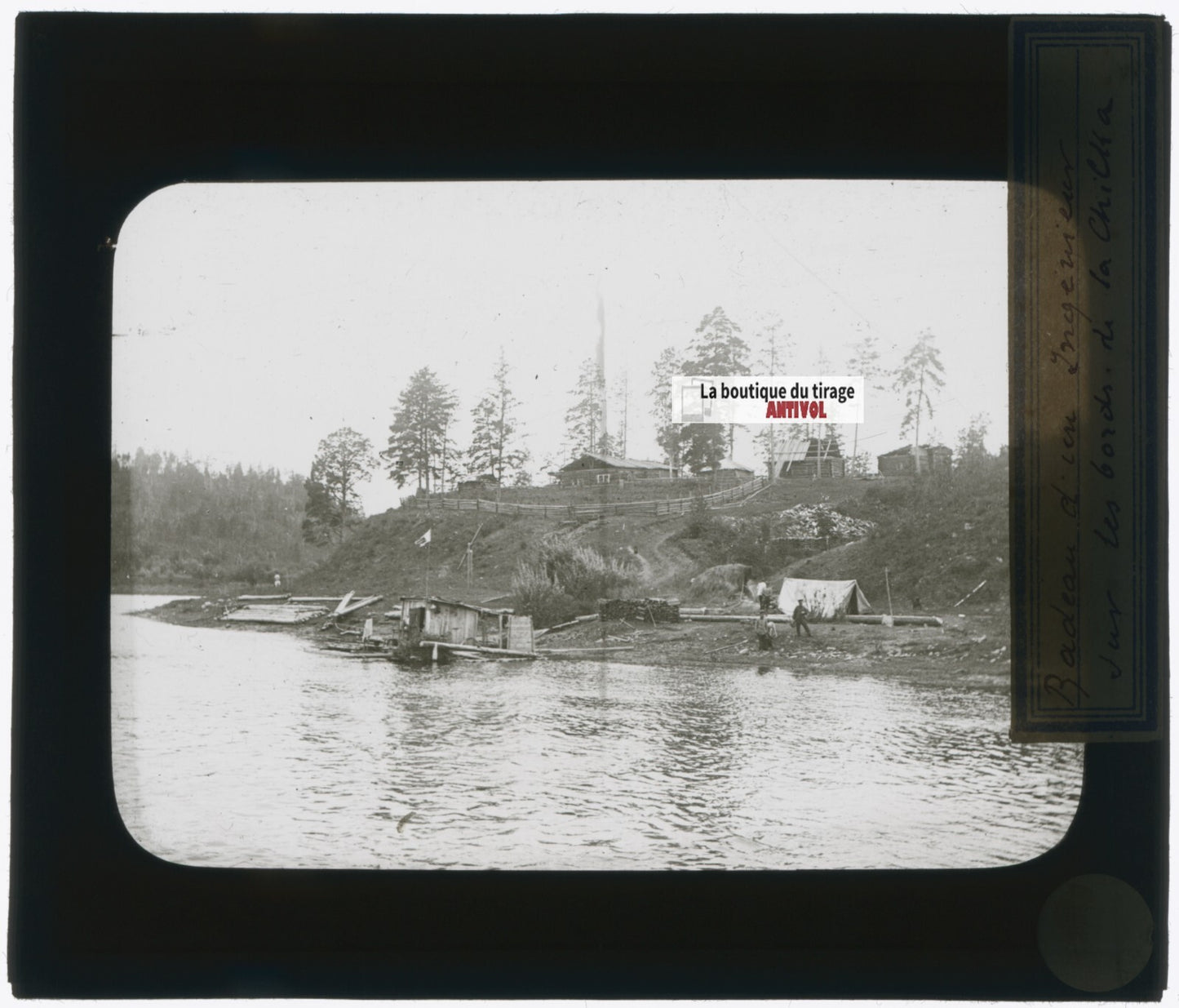 Russie, Chilka, bateau, photo plaque verre, noir & blanc, positif 8,5x10 cm