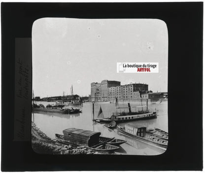 Port de Mannheim, bateaux, Allemagne, photo plaque verre, positif 8,5x10 cm