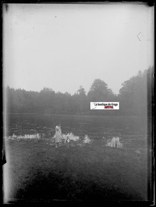 Lac, nature, France, Plaque verre photo ancienne, négatif noir & blanc 9x12 cm