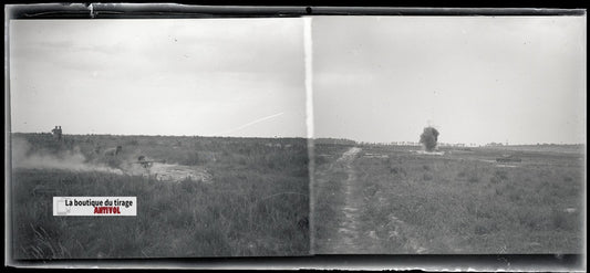 Camp du Ruchard, char, plaque verre, photo ancienne, négatif N&B 6x13 cm