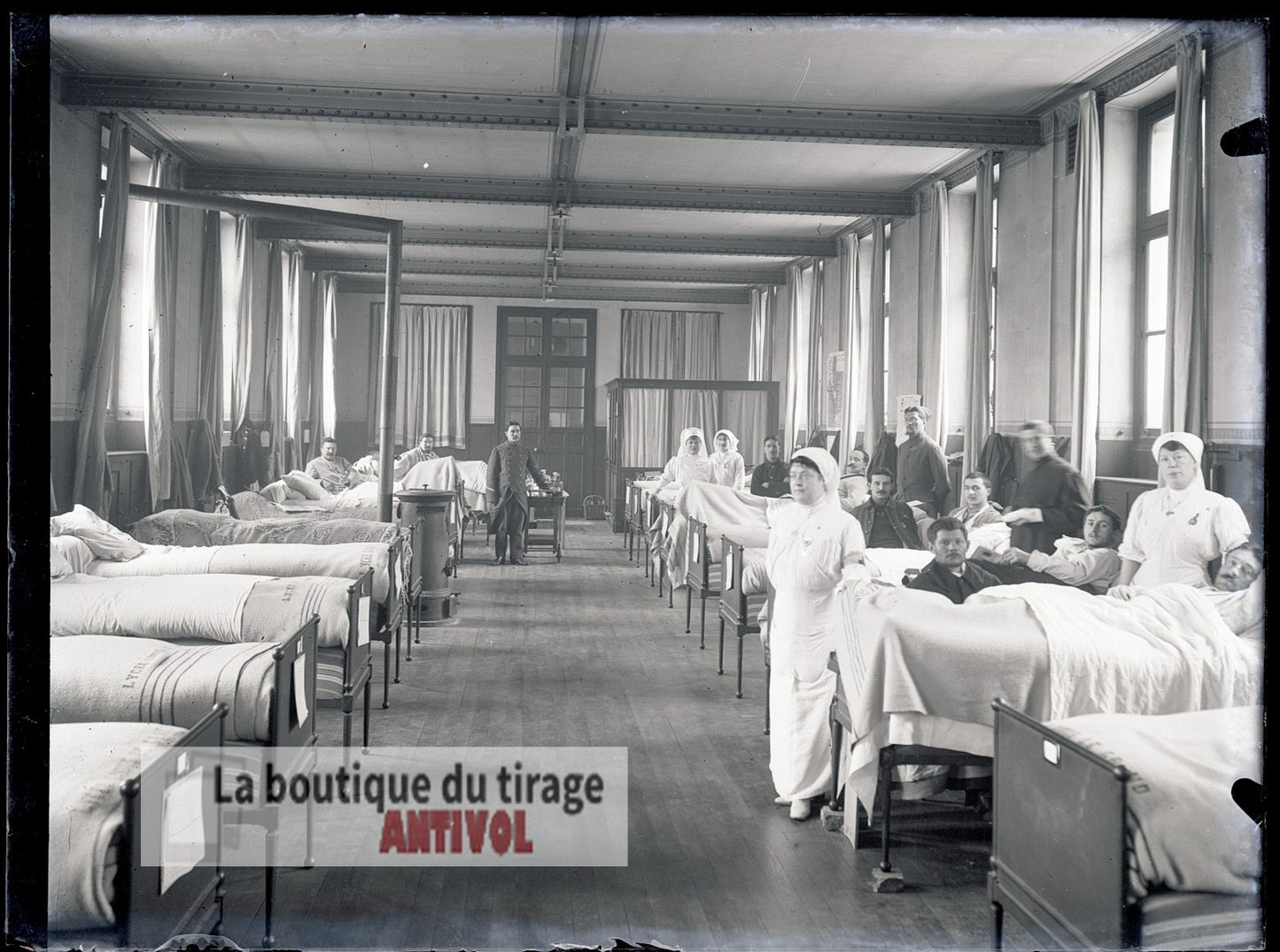 Blessés, soldats, hôpital WW1, plaque verre, photo ancienne, négatif 9x12 cm