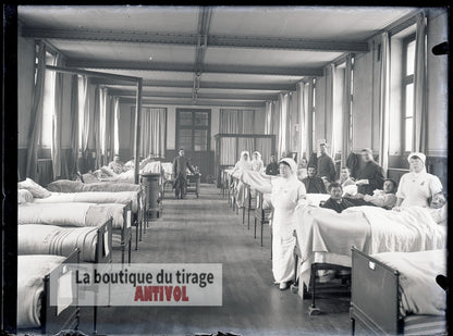 Blessés, soldats, hôpital WW1, plaque verre, photo ancienne, négatif 9x12 cm