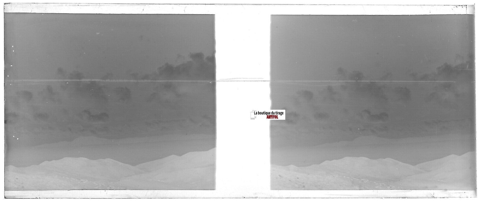 Mer, montagne, Plaque verre photo stéréo, négatif noir & blanc 4,5x10,7 cm