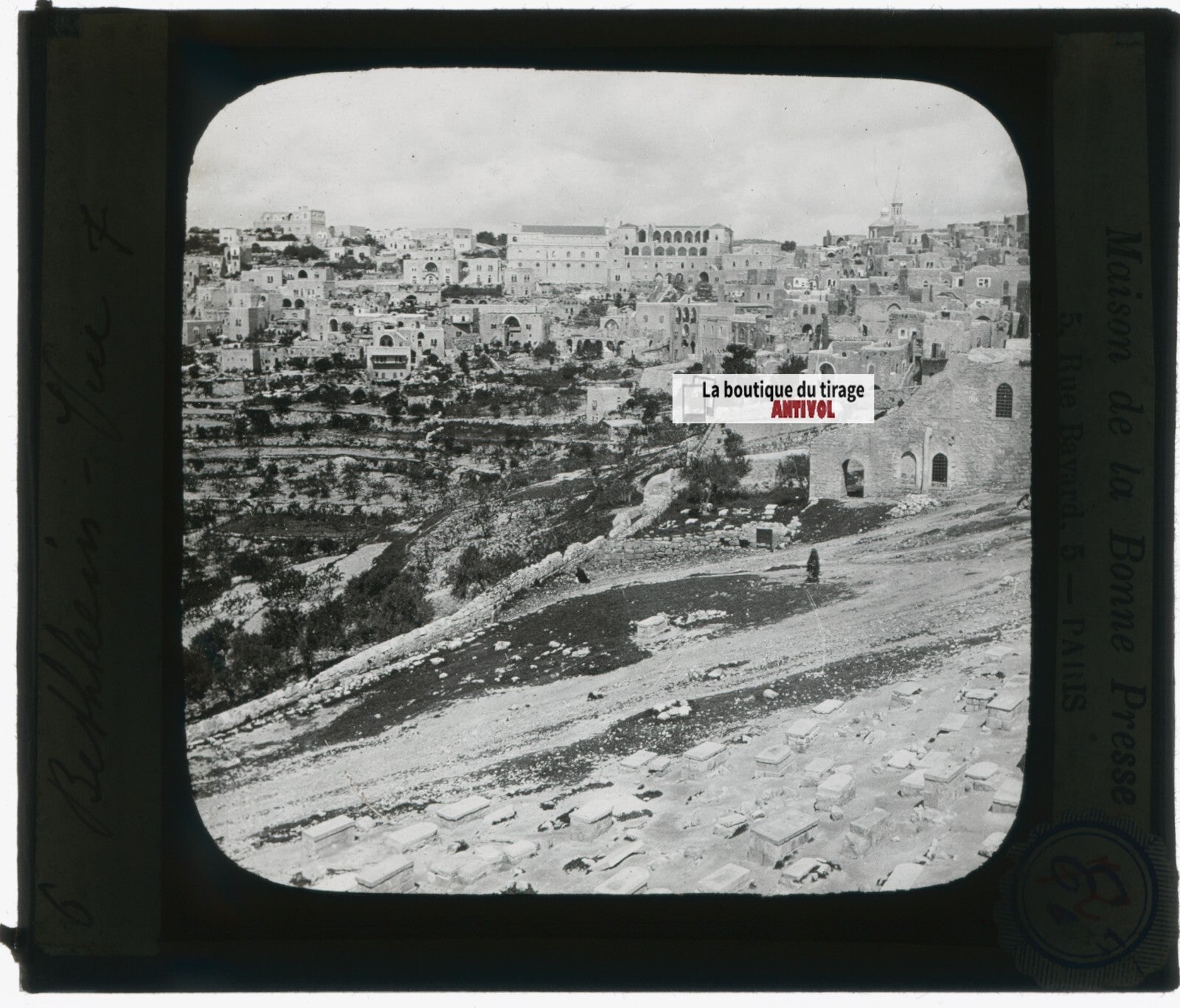 Bethléem, vue générale, photo plaque verre, noir & blanc, positif 8,5x10 cm