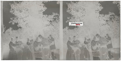 Famille, danse, stéréoscopie, photo ancienne plaque verre, négatif 9x18 cm