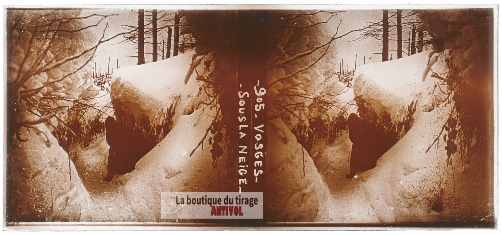 Vosges, sous la neige, guerre WW1, plaque verre photo ancienne stéréo 6x13 cm