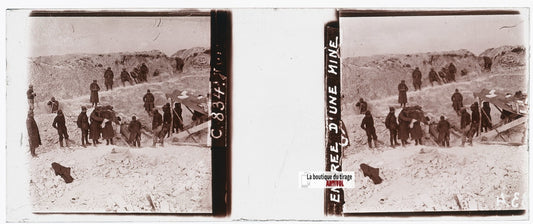 Entrée d’une mine, WW1, plaque verre stéréo, photo ancienne 4,5x10,7 cm