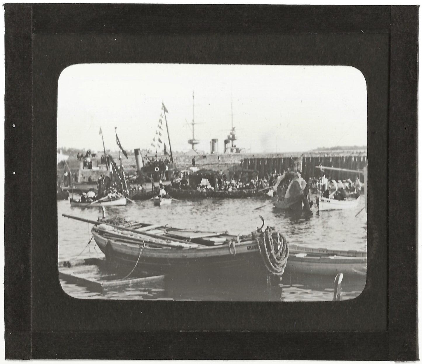 Fête port, bateau, mer, photo ancienne plaque de verre, positif 8,5x10 cm
