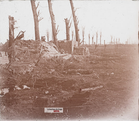 Merkem, ruines Belgique, guerre WW1, plaque verre stéréo, photo 4,5x10,7 cm