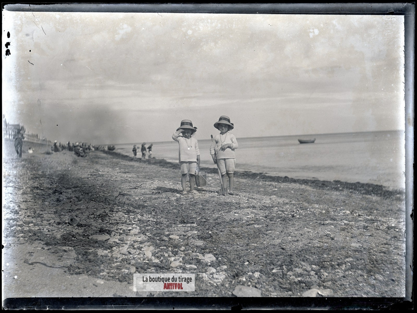 Plage, Berck-sur-Mer, enfants, plaque verre photo ancienne, négatif 9x12 cm