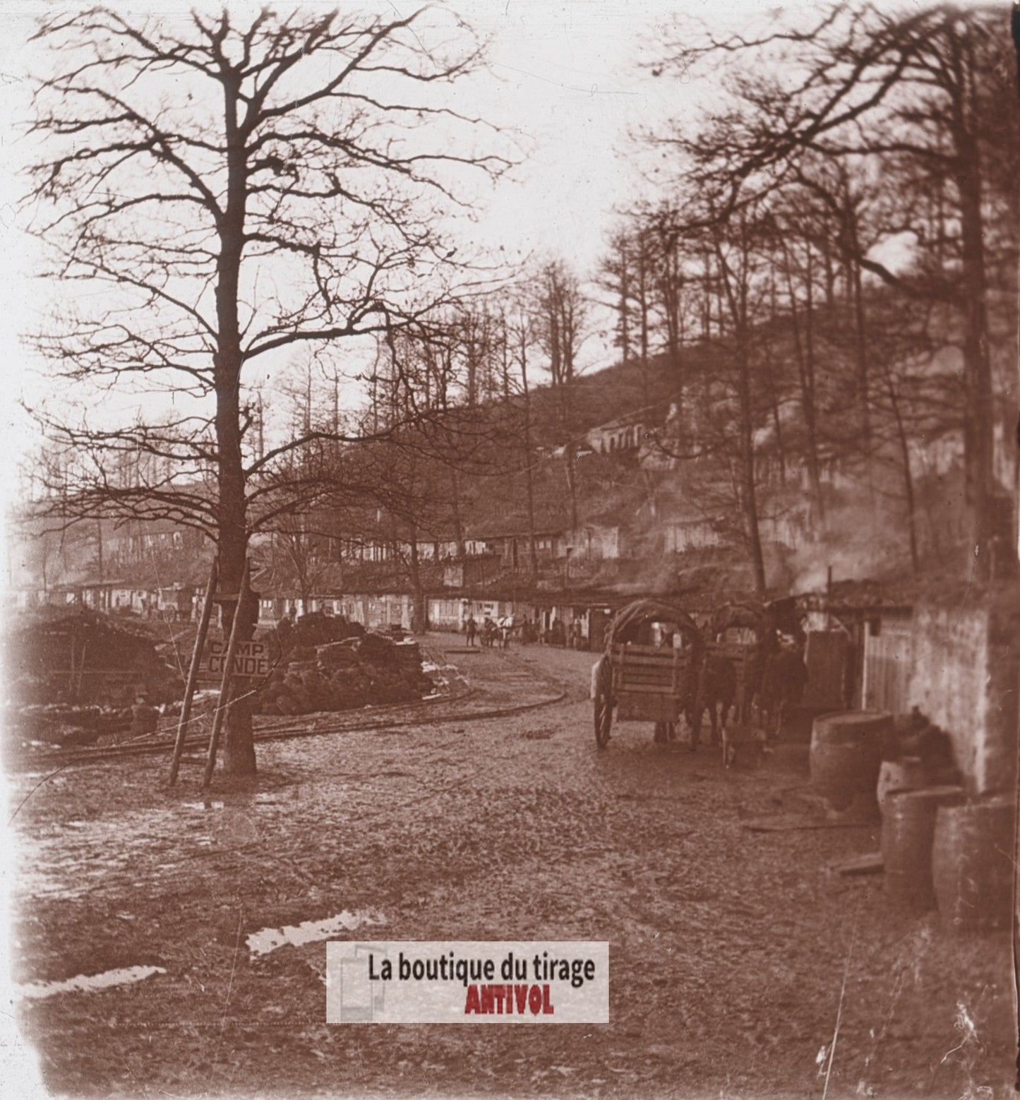 Camp Condé, Argonne, guerre WW1, plaque verre stéréo, photo 4,5x10,7 cm