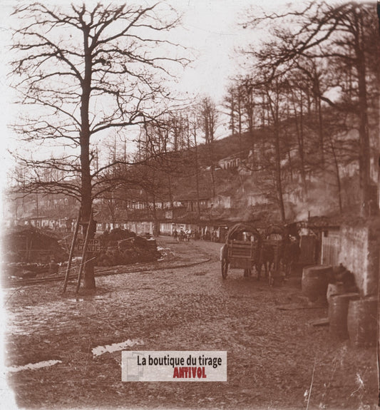 Camp Condé, Argonne, guerre WW1, plaque verre stéréo, photo 4,5x10,7 cm