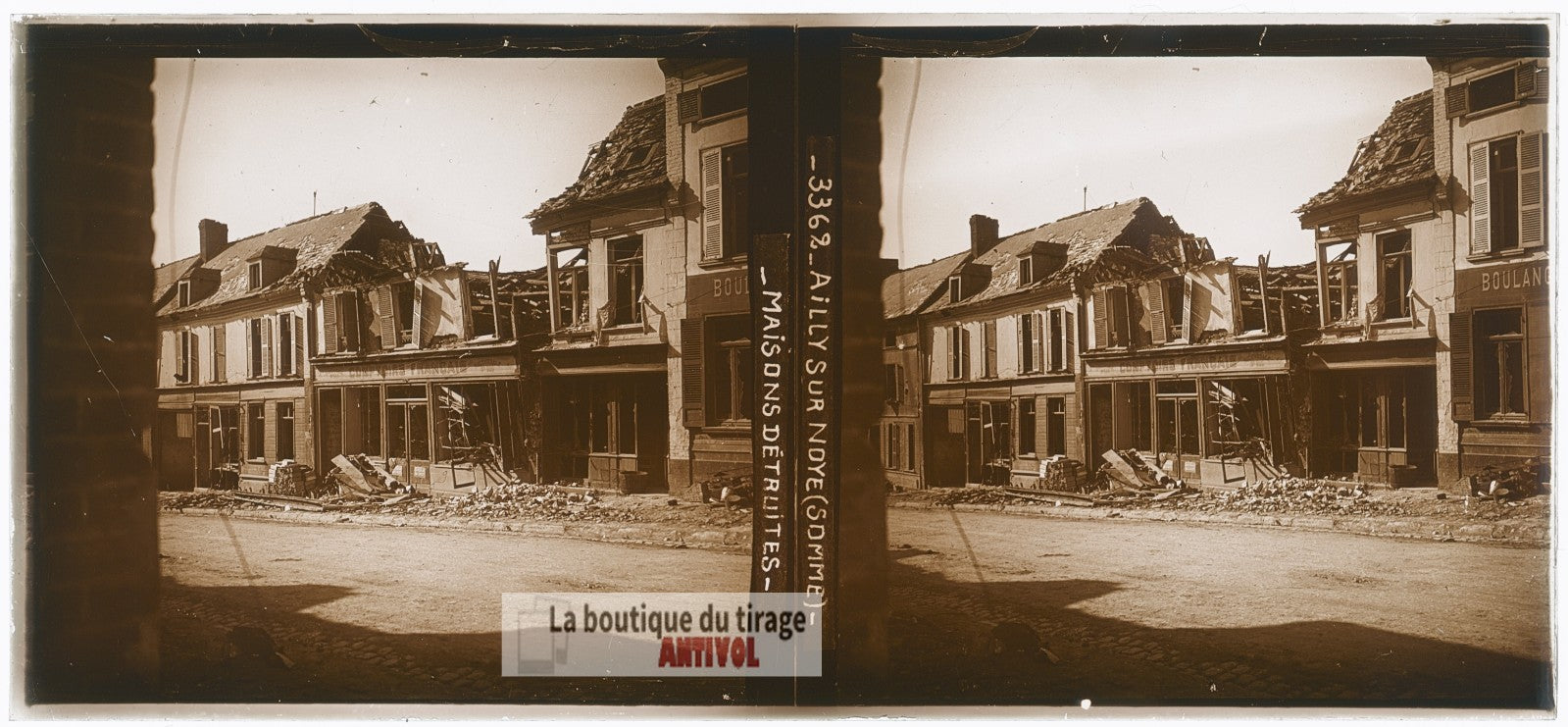 Ailly-sur-Noye, bombe, guerre WW1, plaque verre photo ancienne stéréo 6x13 cm