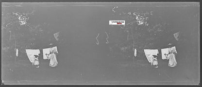 Mère, fille, Plaque verre photo stéréo, négatif noir & blanc 4,5x10,7 cm
