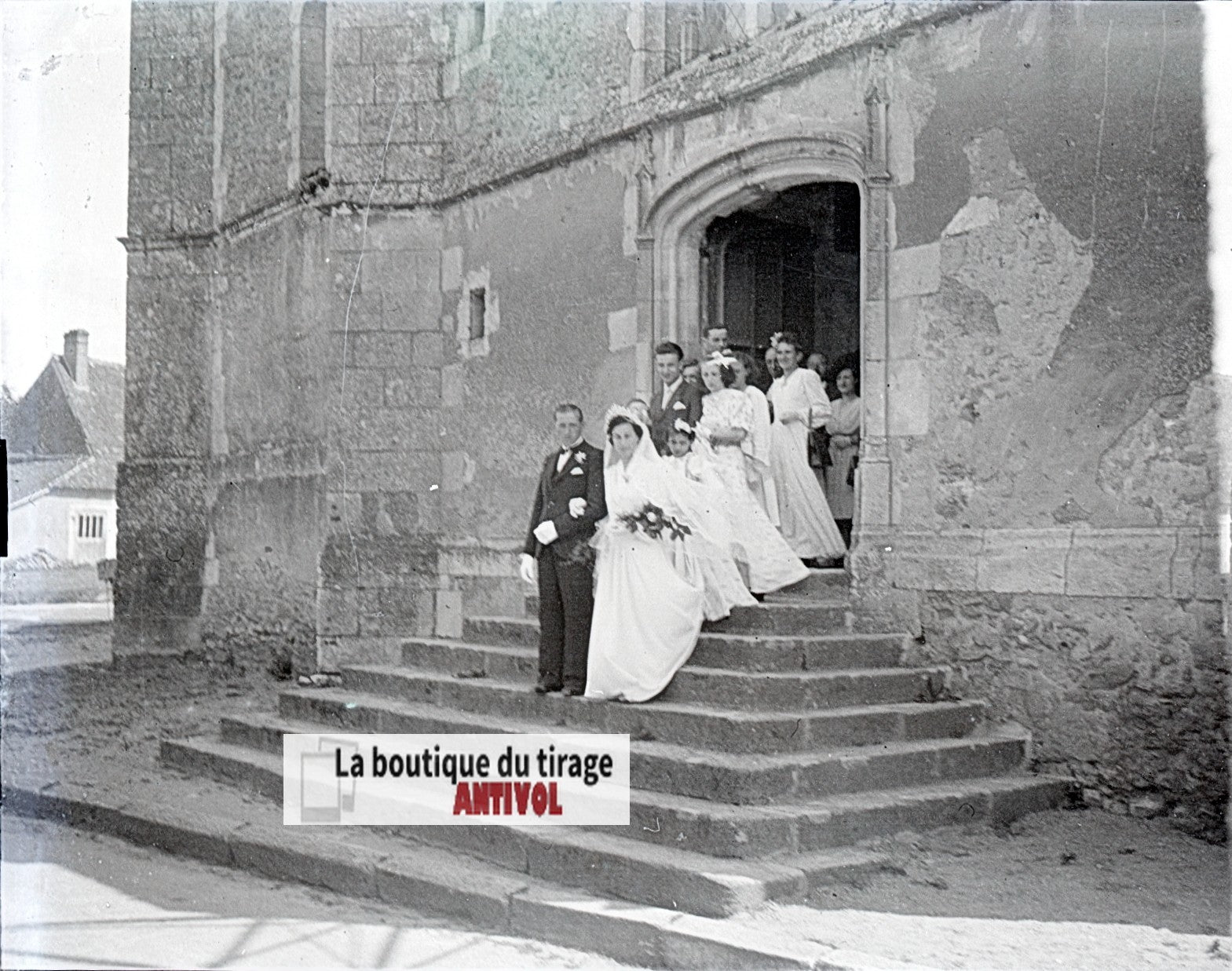 Mariage, village France, plaque verre, photo ancienne, négatif N&B 6x13 cm