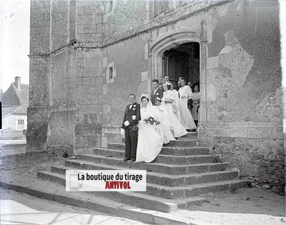 Mariage, village France, plaque verre, photo ancienne, négatif N&B 6x13 cm