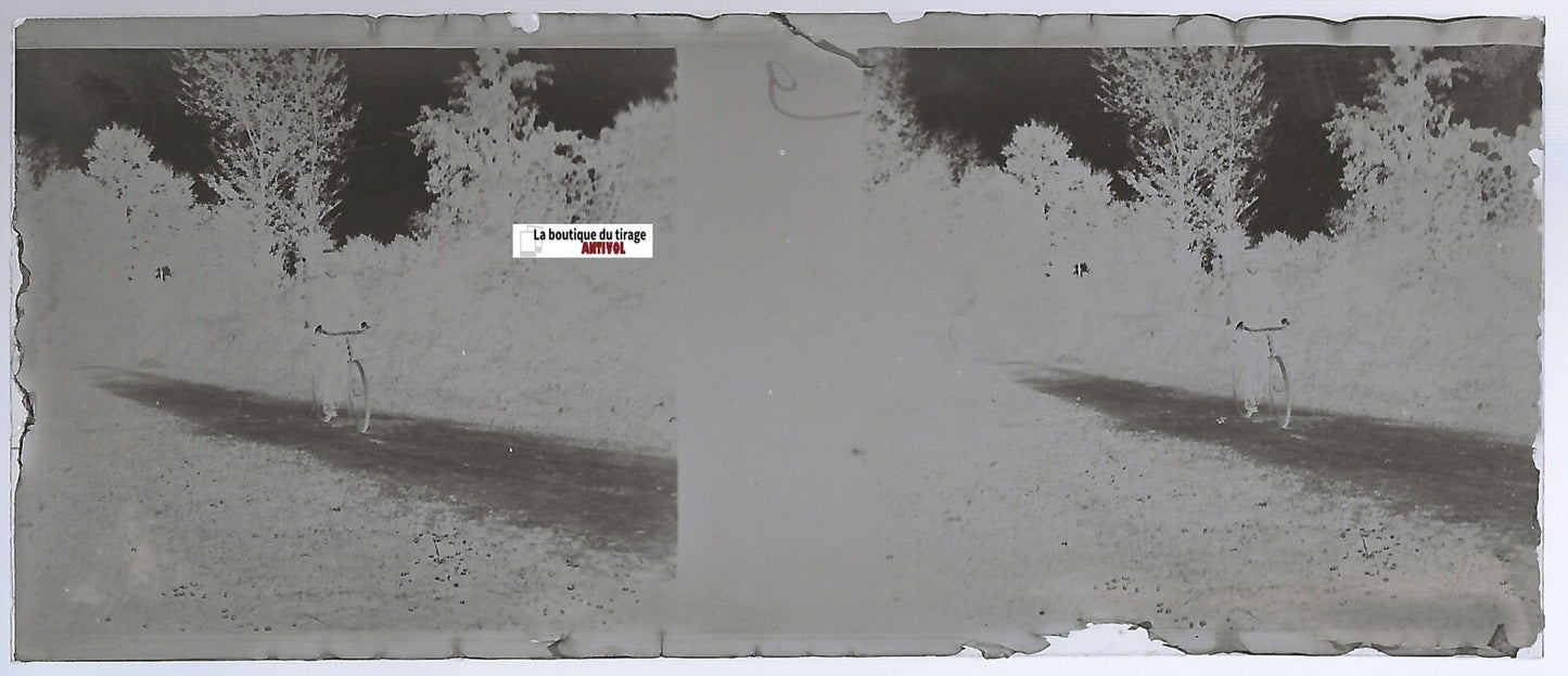 Vélo, route, Plaque verre photo stéréoscopique, négatif noir & blanc 4,5x10,7 cm